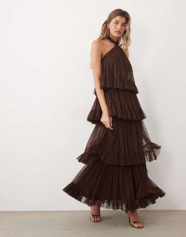 Lace & Beads Lace & Beads tulle cross neck tiered maxi dress in chocolate-Brown