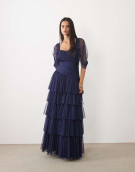 Lace & Beads Lace & Beads tulle fallen shoulder asymmetric ruffle detail maxi dress in navy