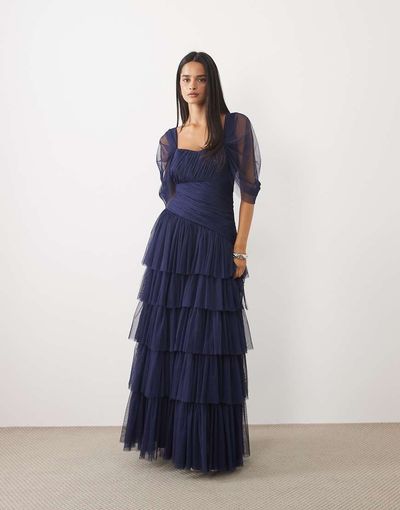 Lace & Beads Lace & Beads tulle fallen shoulder asymmetric ruffle detail maxi dress in navy