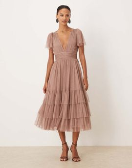Lace & Beads Lace & Beads tulle flutter sleeve plunge neck tiered midi dress in taupe-Neutral