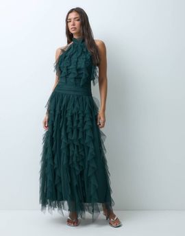 Lace & Beads Lace & Beads tulle halter ruffle detail tiered maxi dress in dark green