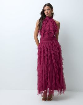 Lace & Beads Lace & Beads tulle halter ruffle detail tiered maxi dress in dark pink