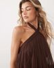 Lace & Beads Lace & Beads tulle high neck tiered fringe detail maxi dress in chocolate-Brown - 3