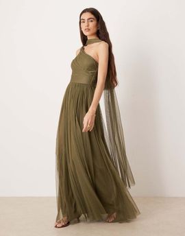 Lace & Beads Lace & Beads tulle one shoulder scarf neck maxi dress in deep olive-Green