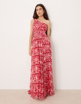 Lace & Beads Lace & Beads tulle one shoulder scarf neck maxi dress in red floral print