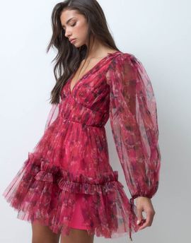 Lace & Beads Lace & Beads tulle plunge neck balloon sleeve mini dress in red fuchsia floral