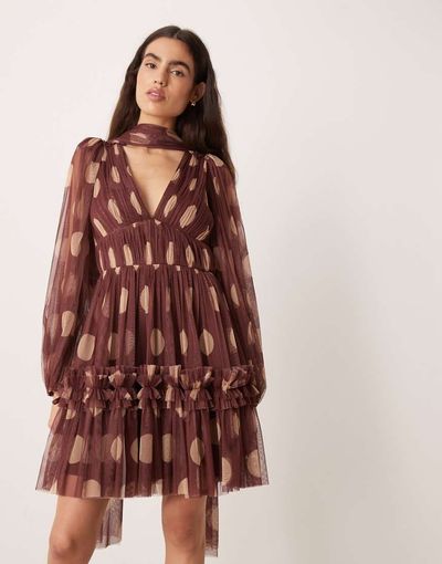 Lace & Beads Lace & Beads tulle scarf neck mini dress in rose brown polka dots