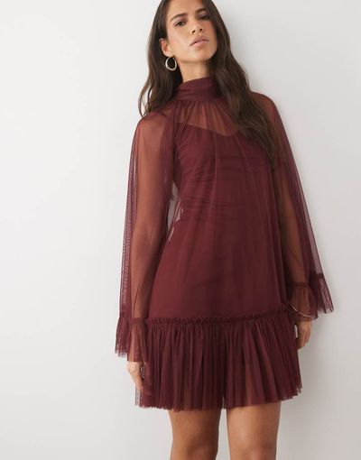 Lace & Beads Lace & Beads tulle sheer overlay bell sleeve ruffle hem mini dress in burgundy-RED