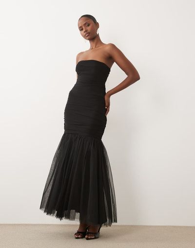Lace & Beads Lace & Beads tulle square neck fishtail maxi dress in black