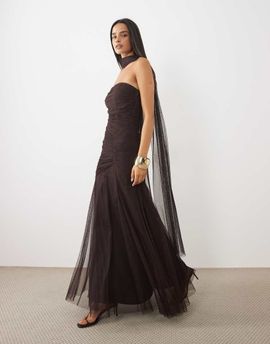 Lace & Beads Lace & Beads tulle strapless ruched scarf detail maxi dress in chocolate plum-Brown