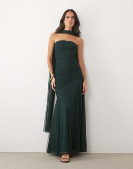 Lace & Beads Lace & Beads tulle strapless ruched scarf detail maxi dress in emerald-Green