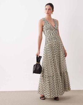 Lace & Beads Lace & Beads tulle V-neck ruched waist maxi dress in cream and black polka dot-Multi