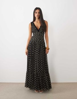 Lace & Beads Lace & Beads tulle velvet trim plunge neck tiered maxi dress in black polka dot-Multi