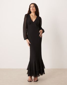 Lace & Beads Lace & Beads v-neck sheer balloon sleeve ruffle hem maxi dress in black