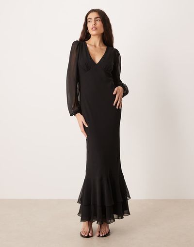 Lace & Beads Lace & Beads v-neck sheer balloon sleeve ruffle hem maxi dress in black
