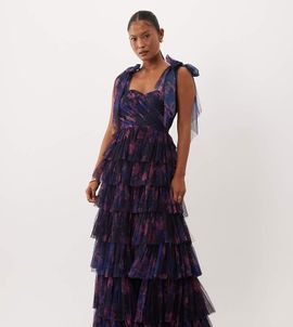 Lace & Beads Petite Lace & Beads Petite Bridesmaid tulle bow shoulder maxi dress in cobalt blue floral-Multi