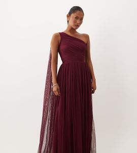 Lace & Beads Petite Lace & Beads Petite Bridesmaid tulle one shoulder scarf neck maxi dress in fig-Red