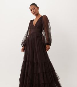 Lace & Beads Petite Lace & Beads Petite Bridesmaid tulle sheer sleeve plunge neck tiered maxi dress in chocolate-Brown