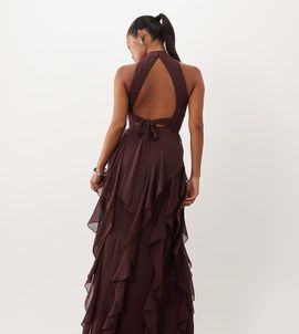 Lace & Beads Petite Lace & Beads Petite chiffon high neck backless ruffle maxi dress in chocolate-Brown