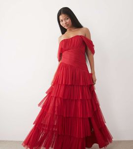 Lace & Beads Petite Lace & Beads Petite tulle fallen shoulder asymmetric ruffle detail maxi dress in red