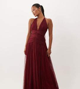 Lace & Beads Petite Lace & Beads Petite tulle halter neck drop waist open back maxi dress in raspberry-pink