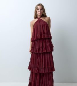 Lace & Beads Petite Lace & Beads Petite tulle halter neck tiered maxi dress in burgundy