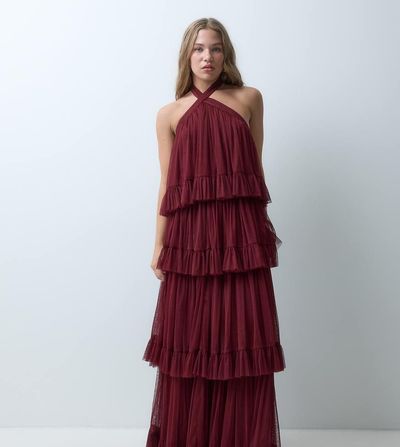 Lace & Beads Petite Lace & Beads Petite tulle halter neck tiered maxi dress in burgundy