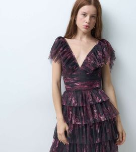 Lace & Beads Petite Lace & Beads Petite tulle plunge neck tiered skirt mini dress in black floral