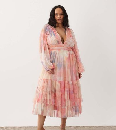 Lace & Beads Plus Lace & Beads Plus balloon sleeve ruffle tiered tulle midaxi dress in pink blurred floral-Multi
