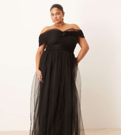 Lace & Beads Plus Lace & Beads Plus bow fallen shoulder maxi tulle dress in black