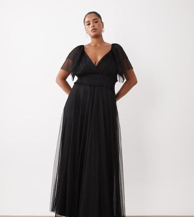 Lace & Beads Plus Lace & Beads Plus Bridesmaid shirred waist v-neck mesh flutter sleeve maxi dress in black