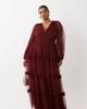Lace & Beads Plus Lace & Beads Plus tulle sheer balloon sleeve plunge neck tiered maxi dress in burgundy - 1