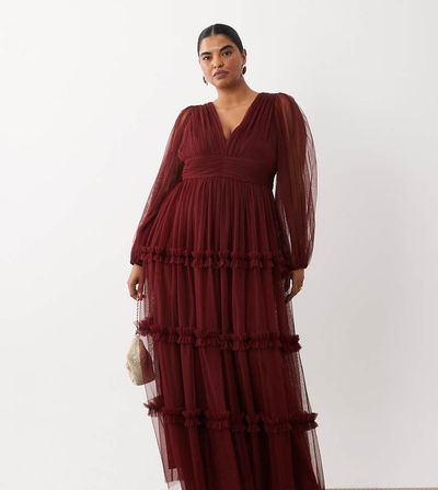 Lace & Beads Plus Lace & Beads Plus tulle sheer balloon sleeve plunge neck tiered maxi dress in burgundy