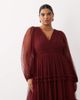 Lace & Beads Plus Lace & Beads Plus tulle sheer balloon sleeve plunge neck tiered maxi dress in burgundy - 3