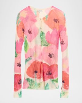 Lafayette 148 New York Floral-Print Rib Knit Cardigan