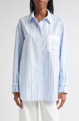 Lafayette 148 New York Lafayette 148 New York Amagansett Stripe Oversize Cotton Poplin Button-Up Shirt