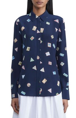 Lafayette 148 New York Lafayette 148 New York Scottie Postage Stamp Print Silk Button-Up Shirt