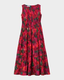 Lafayette 148 New York Pintuck Blossom-Print Cotton Midi Dress