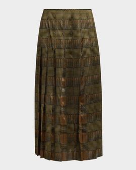 Lafayette 148 New York Pleated Glen Plaid-Print Silk Midi Skirt
