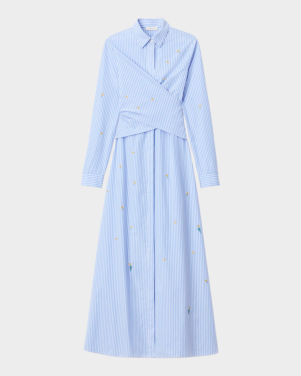 Lafayette 148 New York Striped Floral-Embroidered Maxi Shirtdress