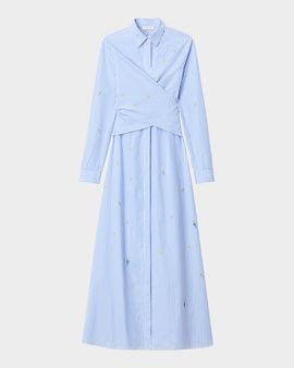 Lafayette 148 New York Striped Floral-Embroidered Maxi Shirtdress