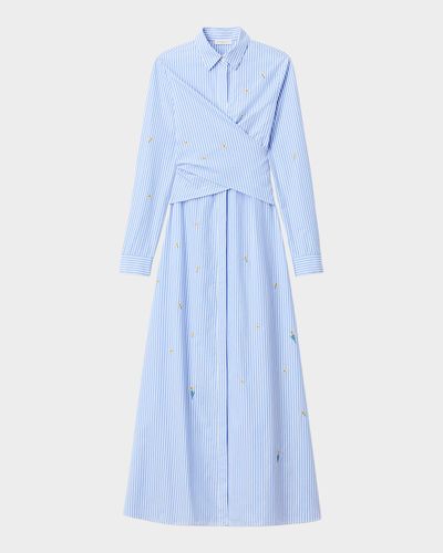 Lafayette 148 New York Striped Floral-Embroidered Maxi Shirtdress