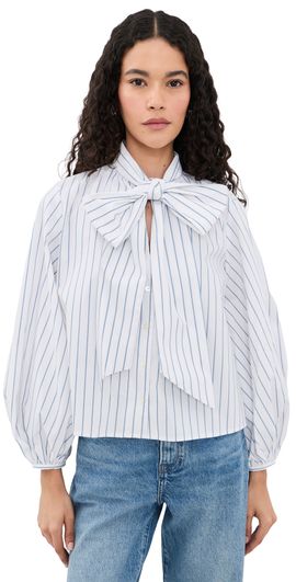 L'AGENCE L'AGENCE Deon Tie Neck Blouse White/Thin Blue Mist Stripe