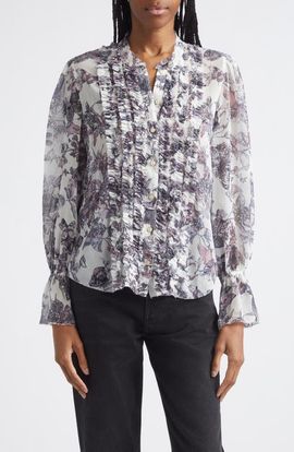 L'AGENCE L'AGENCE Eunice Butterfly Print Ruffle Trim Button-Up Top