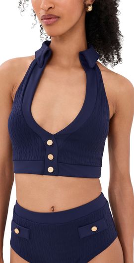 L'AGENCE L'AGENCE Halter Swim Top with Gold Branded Buttons Midnight