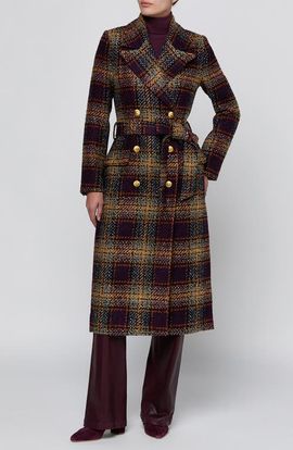 L'AGENCE L'AGENCE Kolina Plaid Double Breasted Long Coat with Belt