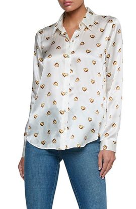 L'AGENCE L'AGENCE Tyler Heart Print Silk Button-Up Shirt