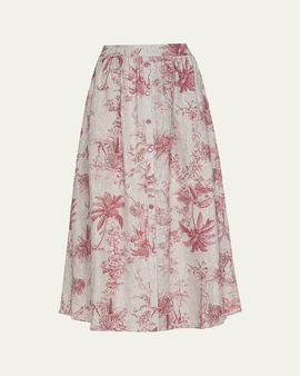 L'Agence Seina Pleated Etoile-Print Linen Midi Skirt
