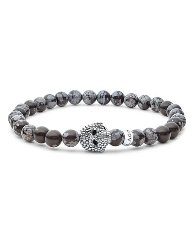 Lagos Lagos Men's Sterling Silver Anthem Snowflake Obsidian Bead Skull Stretch Bracelet