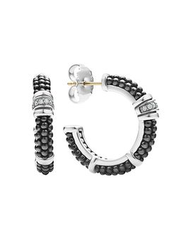 Lagos Lagos Sterling Silver & Ceramic Black Caviar Hoop Earrings with Diamonds
